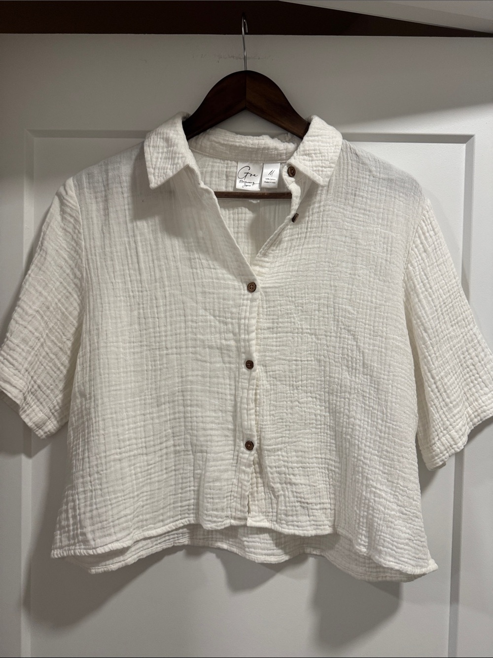 100% Cotton White Crop Button Down Set with Matching Elastic Waistband Shorts - Picture 3 of 10